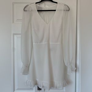 Lulus Sheer Attraction White Long Sleeve Ruffled Mini Dress XS
